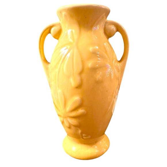 VTG USA Pottery Double Handle Vase 7 Inch Floral Yellow Glaze Shawnee - Picture 1 of 6